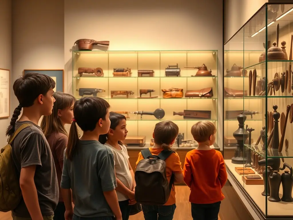 A group of students attentively listening to a museum guide during a school visit to the Musée de la Tannerie et du Cuir, surrounded by historical tanning equipment.