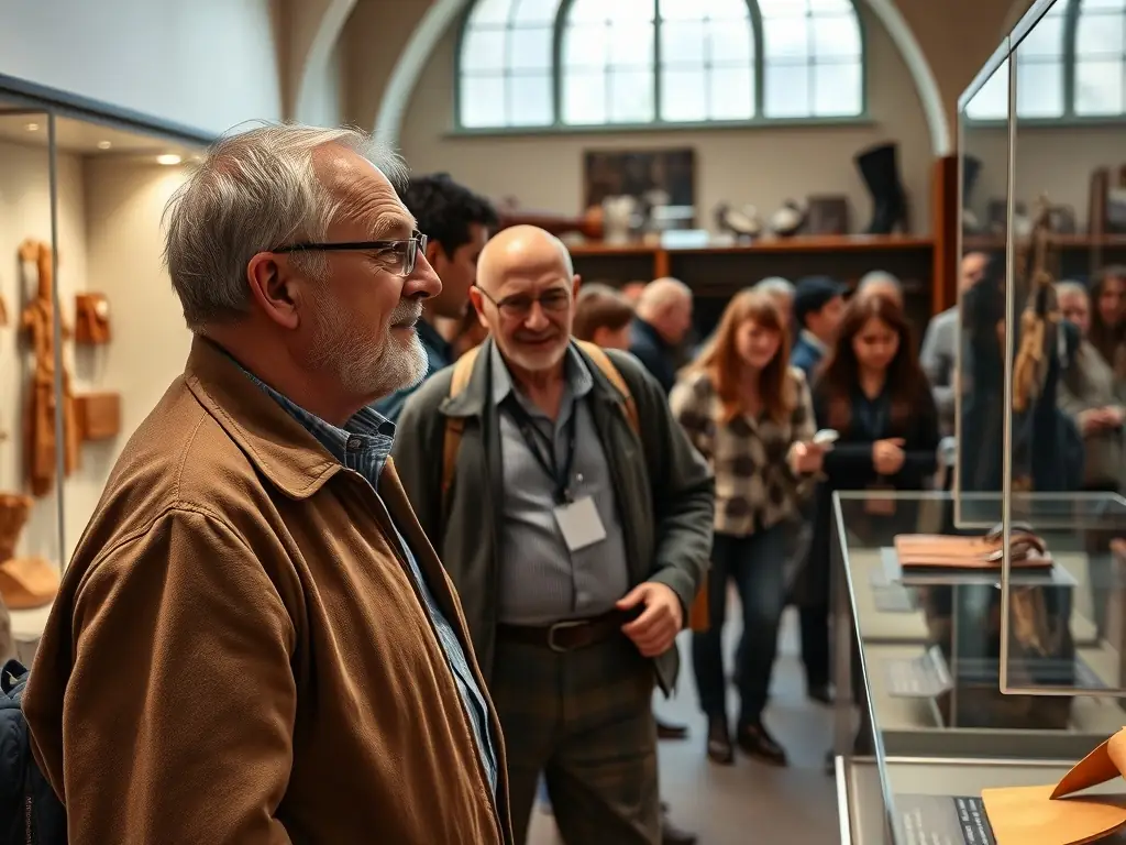 A museum guide leading a group of visitors through an exhibit at the Musée de la Tannerie et du Cuir, explaining the history and processes of leather tanning.