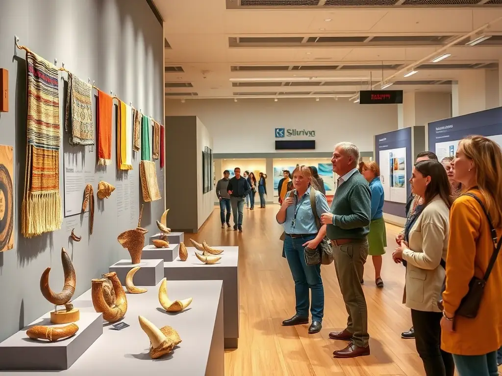 A museum educator leading a guided tour through the Musée de la Tannerie et du Cuir, explaining the different stages of leather production to a diverse group of visitors.