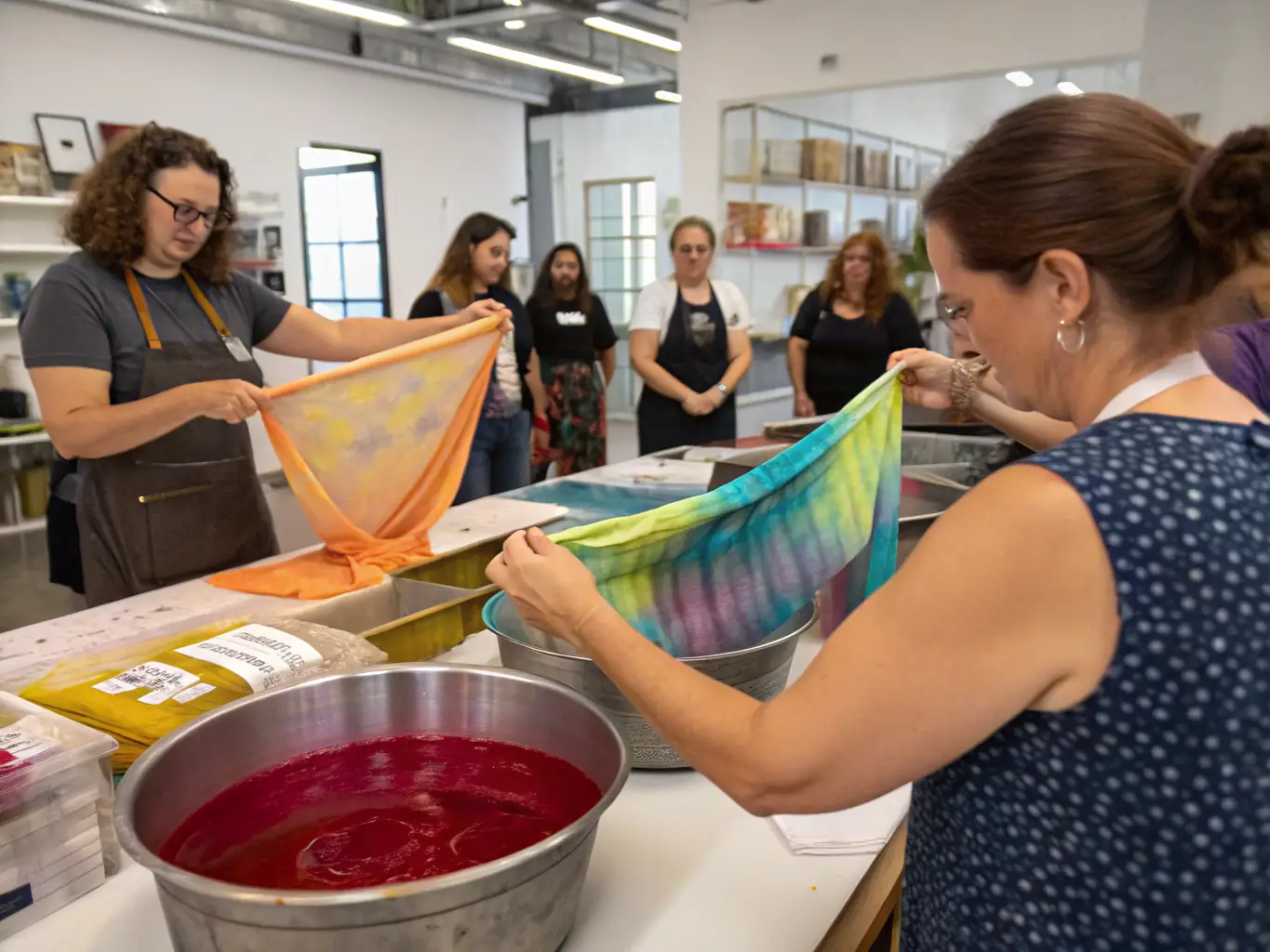 A photograph capturing a group of workshop participants gathered around a demonstration table, attentively watching an artisan explain a specific leather dyeing technique.