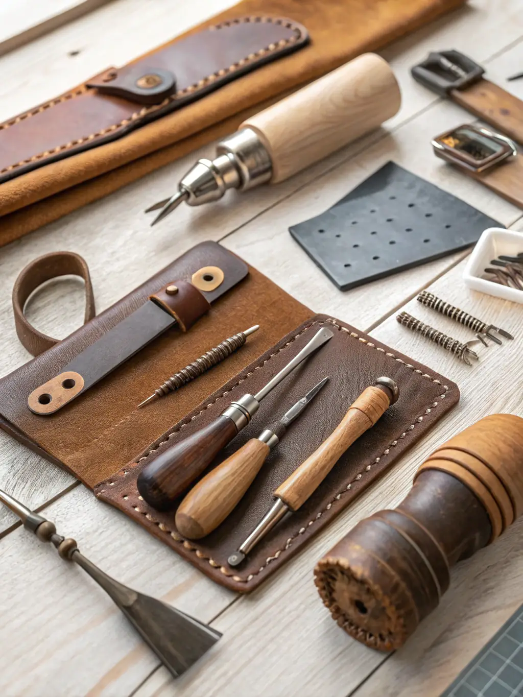 A close-up photograph of a 19th-century leather tanning tool, showcasing its intricate design and craftsmanship, displayed in a glass case at the Musée de la Tannerie et du Cuir.