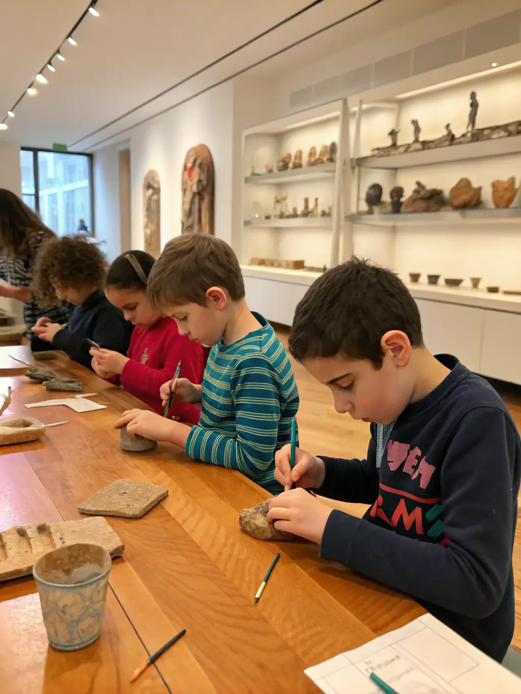 A photograph capturing children participating in a leather crafting workshop at the Musée de la Tannerie et du Cuir, showcasing their engagement and creativity.
