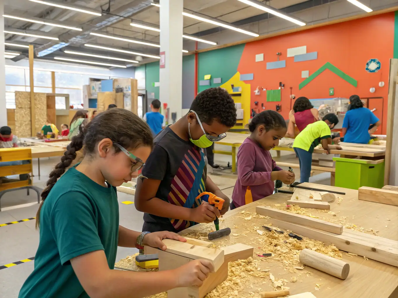 A group of children participating in a leather crafting workshop at the Musée de la Tannerie et du Cuir, learning about traditional techniques and creating their own leather items.
