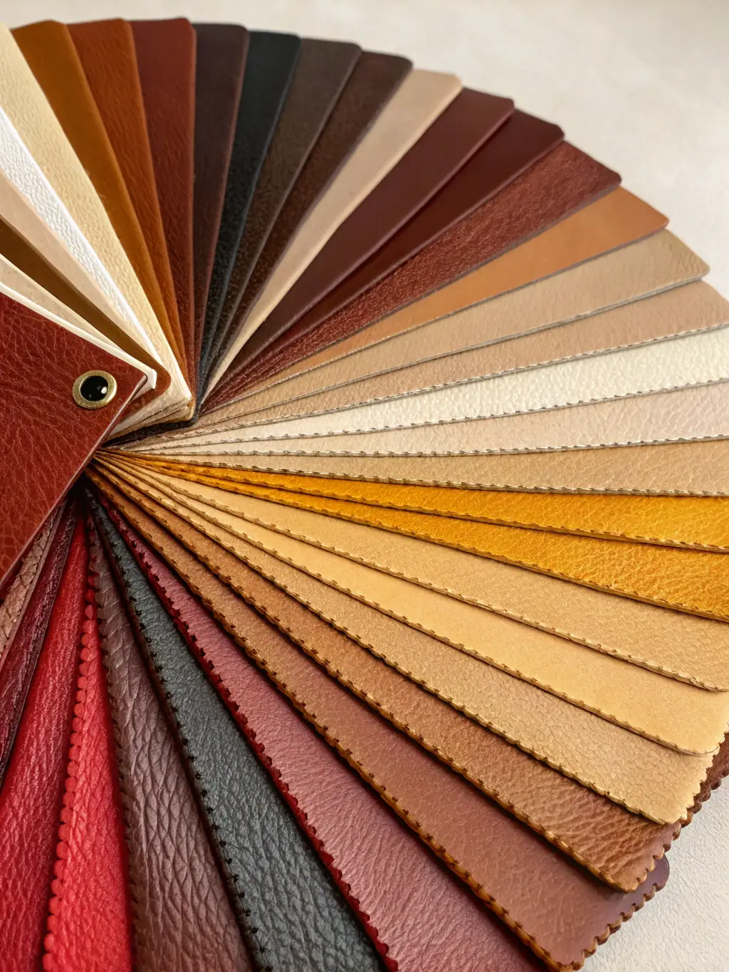 A photograph of a collection of various leather samples, showcasing different tanning methods and finishes, arranged on a display table at the Musée de la Tannerie et du Cuir.