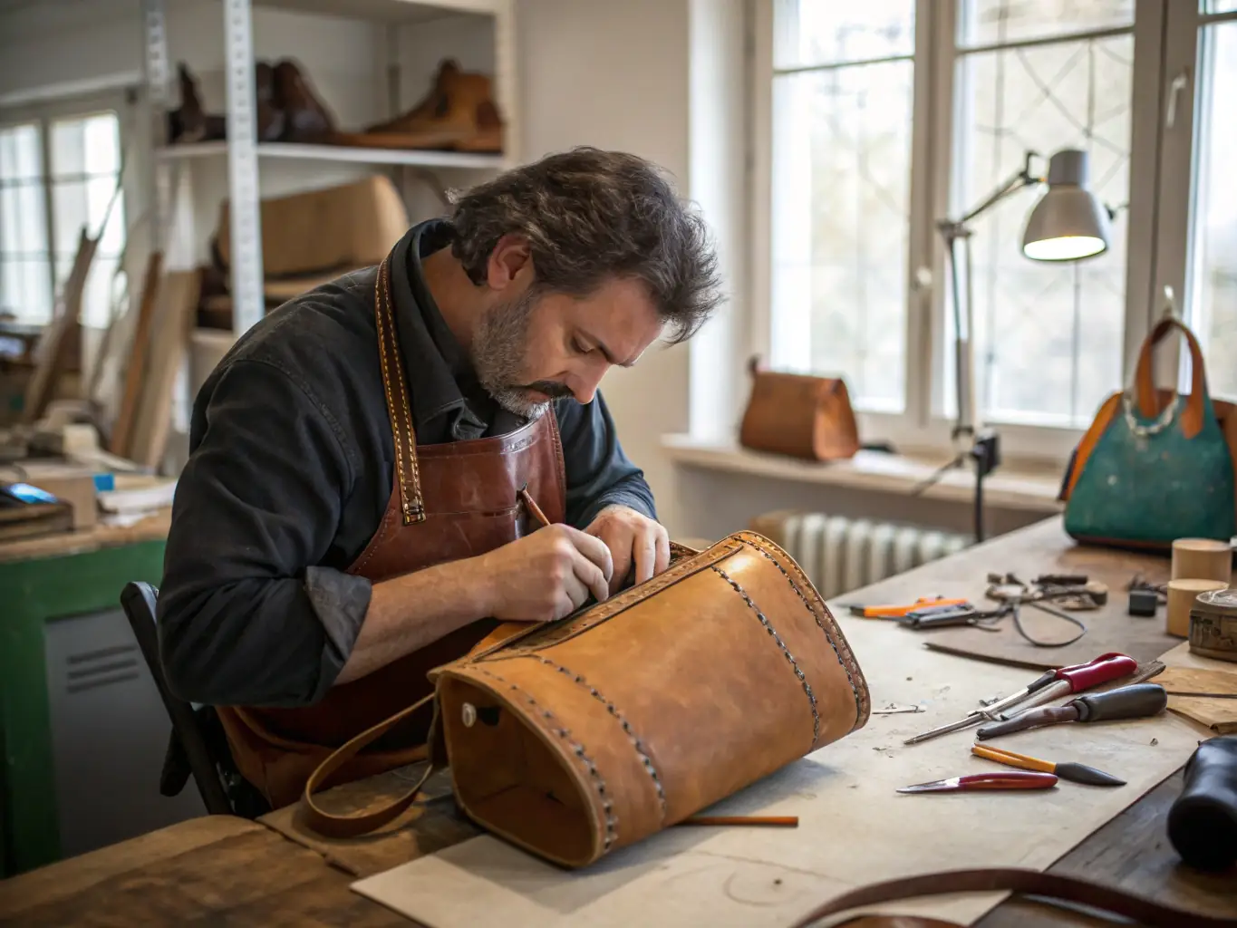 A detailed shot of a participant's hands carefully working with leather during a tanning workshop, showcasing the intricate process and the tools involved.
